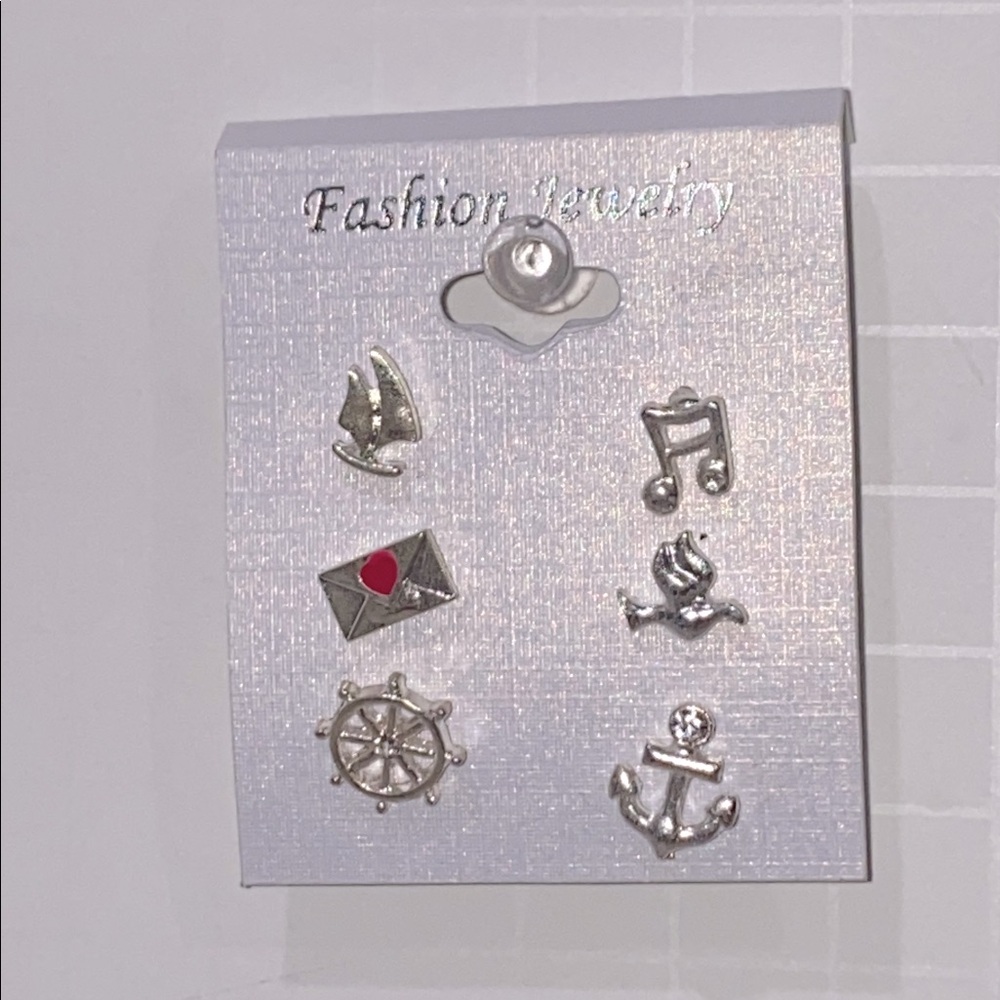 Miss-Matched Themed Earrings Set Silver Toned Stud Earrings